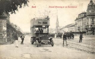 Arad, József főherceg út, omnibusz, hirdetőoszlop; Bloch H. kiadása / street, bus