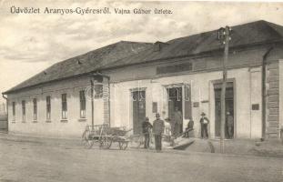 Aranyosgyéres, Campia Turzii; Vajna Gábor üzlete, szekér, kerékpáros fiú / shop, carriage, boy with bicycle
