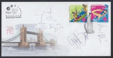 2012 Magyar olimpiai bajnokok (Kozák Danuta, Gyurta Dániel, stb.) aláírásai londoni nyári olimpiai játékok elsőnapi bélyegzéses borítékon