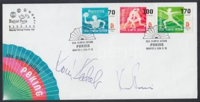 2008 Kovács Katalin és Kásás Tamás magyar olimpiai bajnokok aláírásai pekingi nyári olimpiai játékok elsőnapi bélyegzéses borítékon