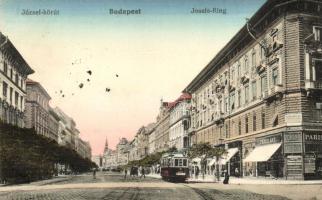 Budapest VIII. József körút, 6-os villamos, Buday Imréné üzlete, Párisi Áru, Mosberger János üzlete