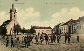 Szászrégen, Evangélikus templom és iskola, Rudolg Burghardt kiadása / church and school