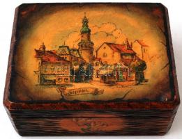 Sopron látképes festett fadoboz, szép állapotban, 13,5 cmx10,5x5,5 cm.