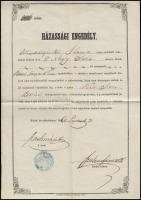 1860 a Békési Árvabizottmány házassági engedélye, a bizottmány bélyegzőjével