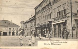 Beszterce, Bistritz; Vásártér, Kollmann & Keresztes üzlet, C. W. Knopp Bazar / market place, shops (EK)
