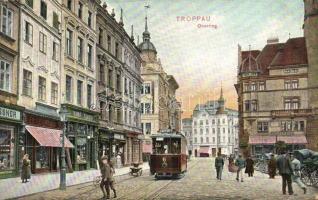 Opava, Troppau, Oberring / Uppe main street, tram, shops