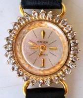 Gruen női karóra, arany (Au.) 14 K csiszolt brill kövekkel, 17 köves, jelzett, bőr szíjjal, működik,...