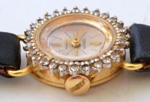 Gruen női karóra, arany (Au.) 14 K csiszolt brill kövekkel, 17 köves, jelzett, bőr szíjjal, működik,...