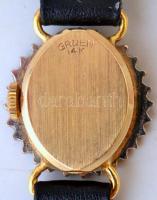 Gruen női karóra, arany (Au.) 14 K csiszolt brill kövekkel, 17 köves, jelzett, bőr szíjjal, működik,...