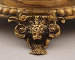 Dekoratív réz tintatartó rajta figurális gyertyatartóval, hibátlan üveg betéttel, h:31 cm, m:16 cm