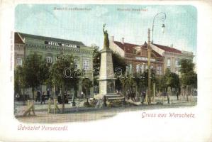 Versec, Vrsac; Honvéd emlékmű, Hotel Milleker, Takarékpénztár, kiadja Wetti Vilmos / statue, hotel, savings bank
