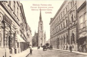 Újvidék, Novi Sad; Rákóczi Ferenc utca, templom, Weinfeld M. és Fia üzlete, kiadja Urbán Ignác / street, church, shop