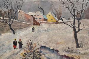 Simkó jelzéssel: Téli utca. Olaj, vászon, sérült, 26×48 cm