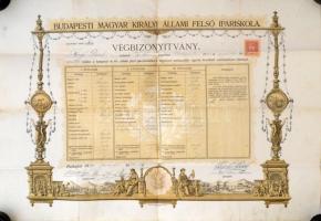 1910 Végbizonyítvány Budapesti Magyar Királyi Állami Felső Ipariskola vegyészeti szakosztály, hajtogatva, szép állapotban, 41x59cm