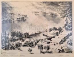 Kórusz József (1927-2010): Zebegényi Dunakanyar, rézkarc, papír, jelzett, számozott (98/100), üvegez...