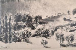 Kórusz József (1927-2010): Zebegényi Dunakanyar, rézkarc, papír, jelzett, számozott (98/100), üvegez...