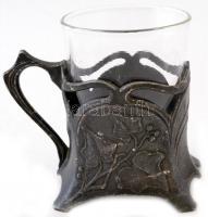 Szecessziós ón pohártartó csésze, pótolt üveg pohárral, jelzett (A.K.& C), kopott, m:7,5 cm