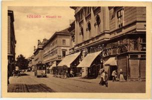 Szeged, Klauzál tér, Pósz Alajos és Krausz M. üzlete, villamos, Unghvári Péter fogorovos (vágott / cut)