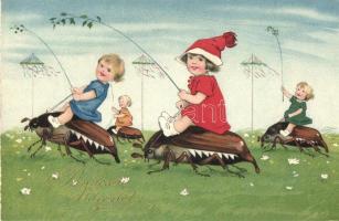 Pünkösdi Üdvözlet / Pentecost, kids riding on may bugs. Meissner & Buch, Kunstkarte No. 3060. litho