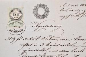 1855 Nyugtatvány Szárazdról 15kr (V. Stempel) szignettával + 15kr C.M. okmánybélyeggel / Document from Szárazd with 15kr signet and 15kr C.M. fiscal stamp