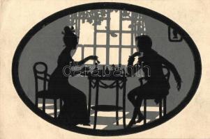 Couple playing chess, silhouette art postcard (ázott sarok / wet corner)