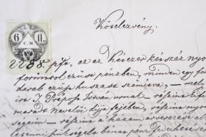 1858 Kötelezvény 4 oldalas okmány 6fl C.M. okmánybélyeggel, szárazpecséttel Győrből (40.000) / Document from Győr with 6fl C.M. fiscal stamp