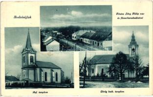 Bodzásújlak, Novosad; Fő utca, Lővy Fülöp vas és fűszerkereskedése, Református és Görög katolikus templom / main street, shop, churches (EK)