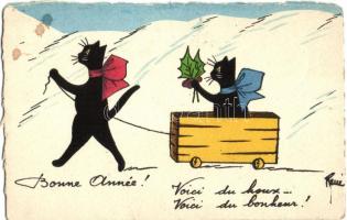 Bonne Année / New Year greeting graphic postcard, cats, s: René (vágott / cut)