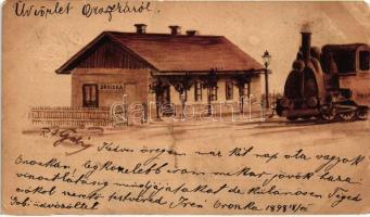 1898 Oroszka, Pohronsky Ruskov; vasútállomás, gőzmozdony, kézzel festett képeslap / railway station, locomotive, hand-painted postcard, artist signed (Ga) (b)