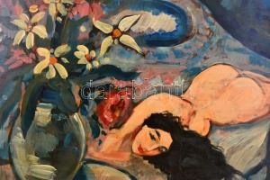 Csók jelzéssel: Fekvő akt. Olaj, falemez, 48×55 cm