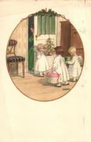 Kids dressed as angel, Christmas art postcard, M. M. Nr. 1206. s: Pauli Ebner (EK)