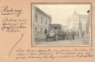 Hátszeg, Hateg; Polgári fiú- és leányiskola, szálloda, katonák autóval, tábori levelezőlapra ragasztott fotó / school, hotel, soldiers with automobile, photo