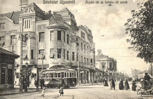 Budapest IV. Újpest, Árpád út és István út sarok, villamos, gyógyszertár, cukrászda, kiadja Weisz Berthold (EK)