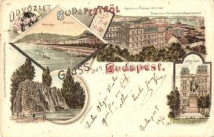 Budapest, Gellérthegy, Margitsziget, főgimnázium, Eötvös szobor, litho (EK)