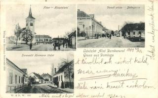 Alsódomboru, Donja Dubrava; Főtér, Sonewald Hermann üzlete, Vasúti utca; Sonewald Hermann kiadása / multi view with shop