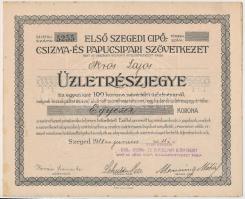 Szeged 1918. "Első Szegedi Cipő-, Csizma- és Papucsipari Szövetkezet" üzletrészjegye 1000K-ról, szelvényekkel, felülbélyegzéssel T:I- kissé foltos