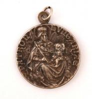 Ezüstözött vallási medál Patrona Hungariae- és Szt. Erzsébet-ábrázolással, d: 2,5 cm