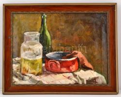 Jelzés nélkül: Asztali csendélet. Olaj, vászon, fa keretben, 29x39 cm