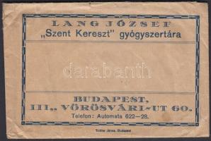 cca 1930 Lang József &quot;Szent Kereszt&quot; gyógyszertára receptboríték kis szakadással, 8x12cm