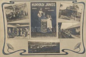 Budapest XI. Hunyadi János keserűvíz palackozó üzem részletek, szecessziós reklám képeslap / Art Nouveau mineral water advertisement