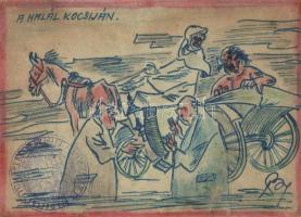 A halál kocsiján / WWII military art postcard, hand-drawn, artist signed (b)