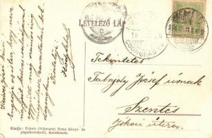 Kecskemét, Rákóczi út, zsinagóga, üzletek; kiadó Fekete (Schwartz) Soma könyv- és papírkereskedő (EB...