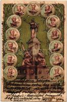 1899 Arad, Vértanú szobor, szecessziós emléklap a 13 aradi vértanú arcképével; Lengyel Lipót Műintézet / martyrs statue, portraits of the 13 Hungarian martyrs of Arad, Art Nouveau litho