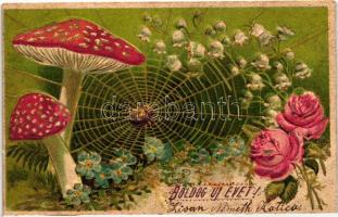 Újév / New Year mushrooms, spiderweb Emb. litho