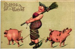 Újév / New Year, pigs Emb. litho