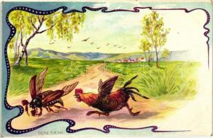 Bug, rooster; Art Nouveau litho