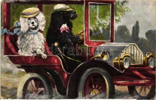 Dog couple in automobile; F.M.K. Serie 7387/1