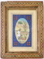 Arab jelzéssel: Kecskefejő lány. Vegyes technika, papír. Jelzett, üvegezett, díszített keretben / Arabian signed painting. 22x18 cm