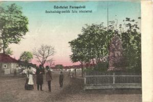 Farnad, Farná; Szabadság emlék, falu részlet / memorial monument, street (ázott / wet damage)