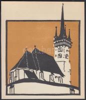 Kós Károly (1883-1977): A magyargyerőmonostori templom, színezett linómetszet, papír, jelzés nélkül, hátulján feliratozva, 14,5×12,5 cm